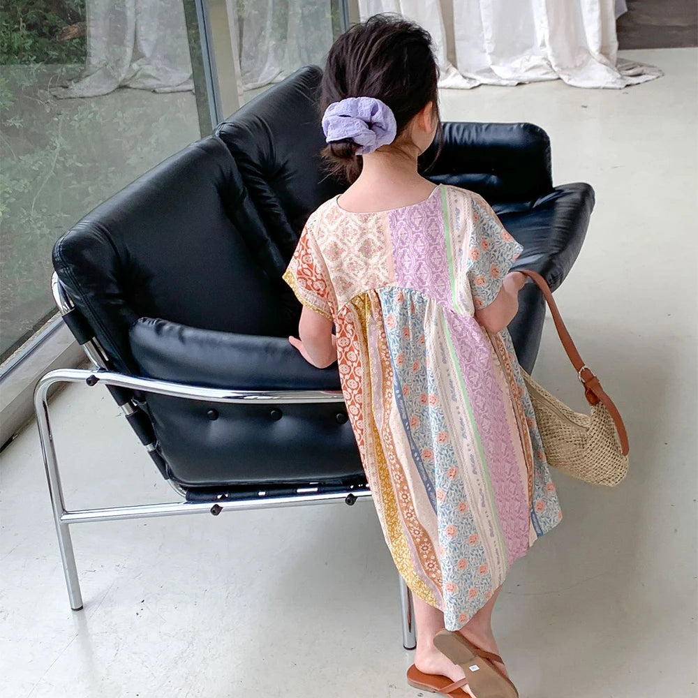 Girl's Summer V-neck Geometric Pattern Printed  Beach Casual Dress