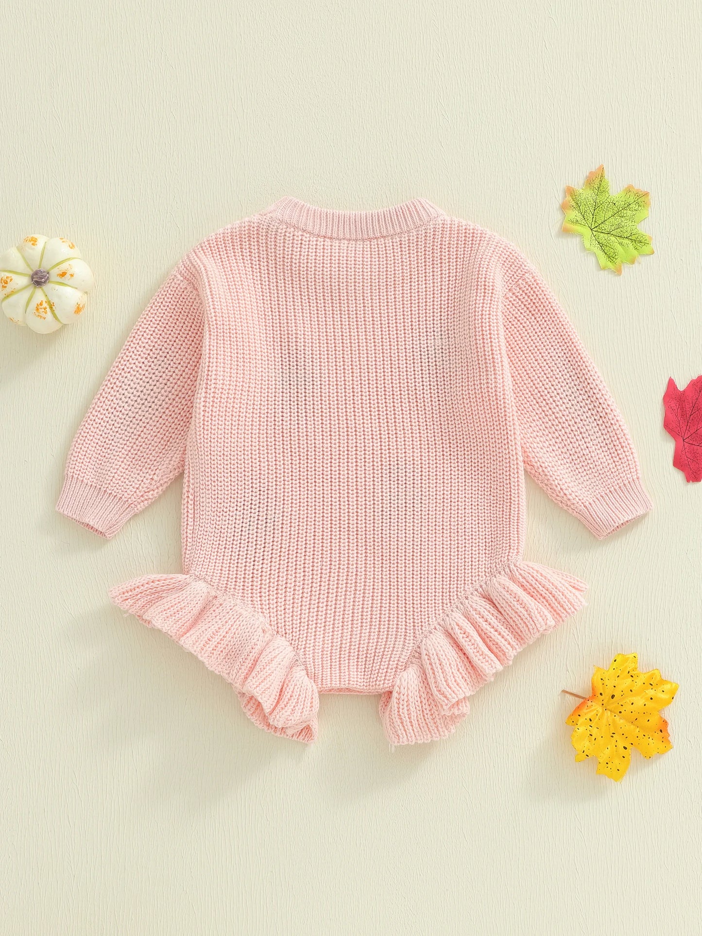 Baby Thanksgiving Knit Romper - Turkey Embroidery Long Sleeve Ruffle Bodysuit Sweater