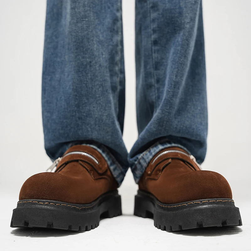 Men's Suede Leather Platform Work Shoes - Zipper Business Sneakers