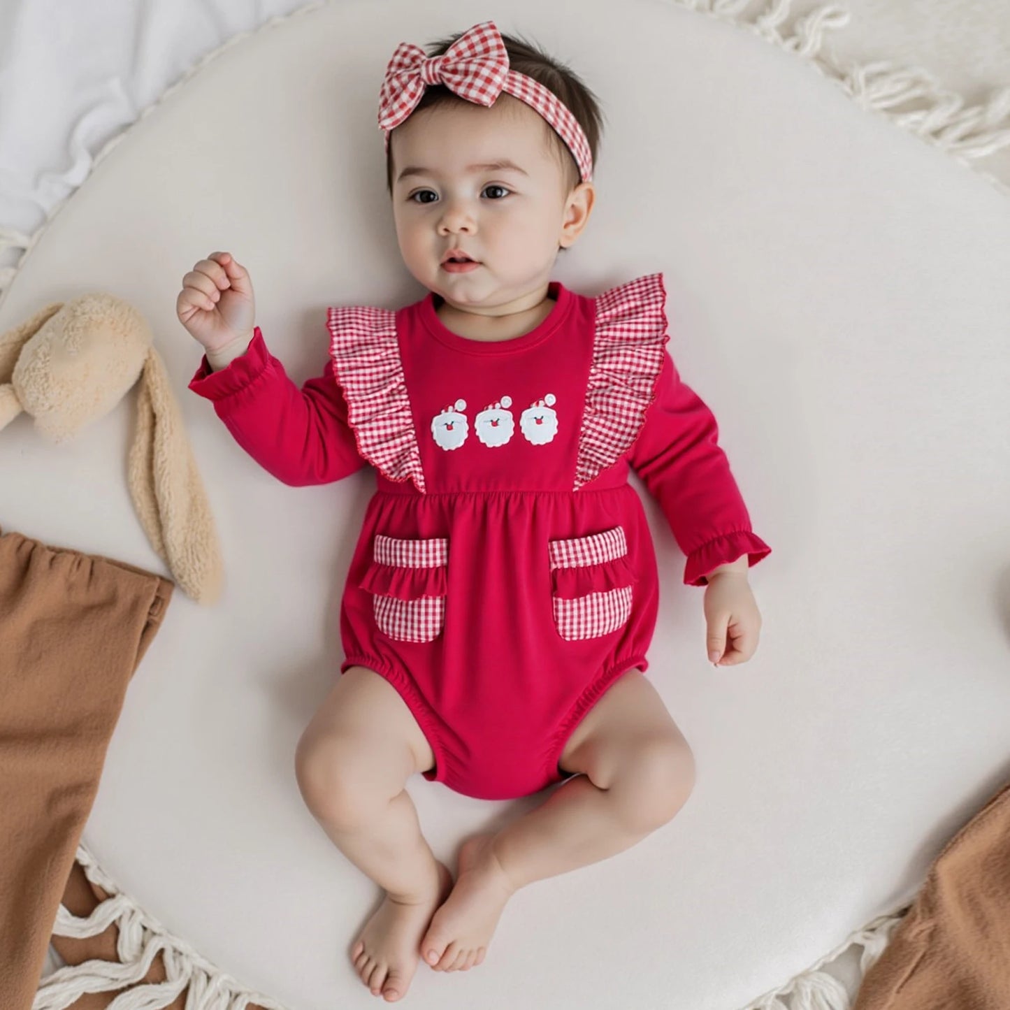 Baby Christmas Romper - Santa Plaid Ruffle Trim Long Sleeve Bodysuit with Pockets (0-18M)