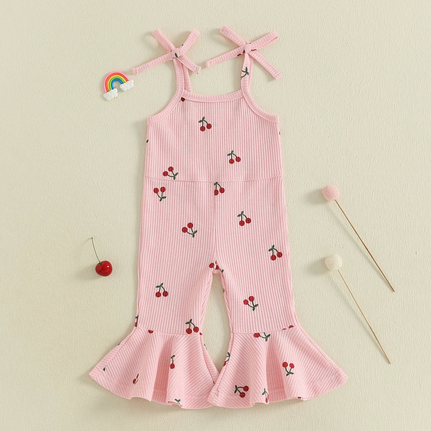 0-5Y Kids Girls Summer Jumpsuit Tie-up Spaghetti Straps Cherry Print Flare Romper Pants
