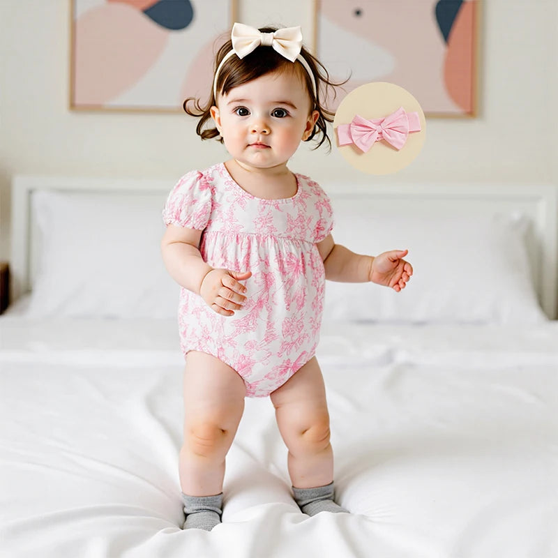 Baby Girls Bow Print Romper with Headband Set (0-18M)