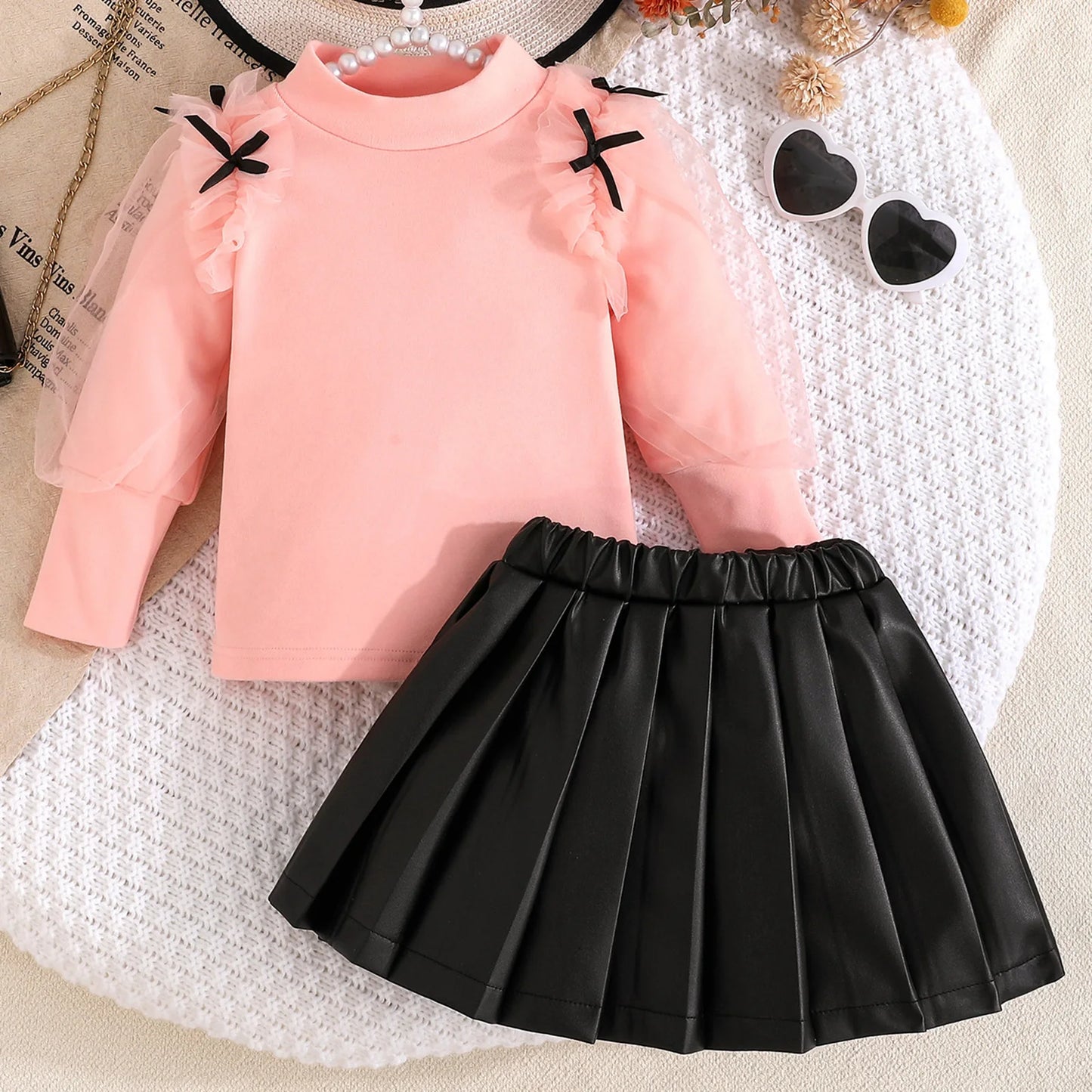 Toddler Kids Girls Fall Clothes Set - Mesh Bow Mock Neck Long Sleeve Top & Pleated Skirt