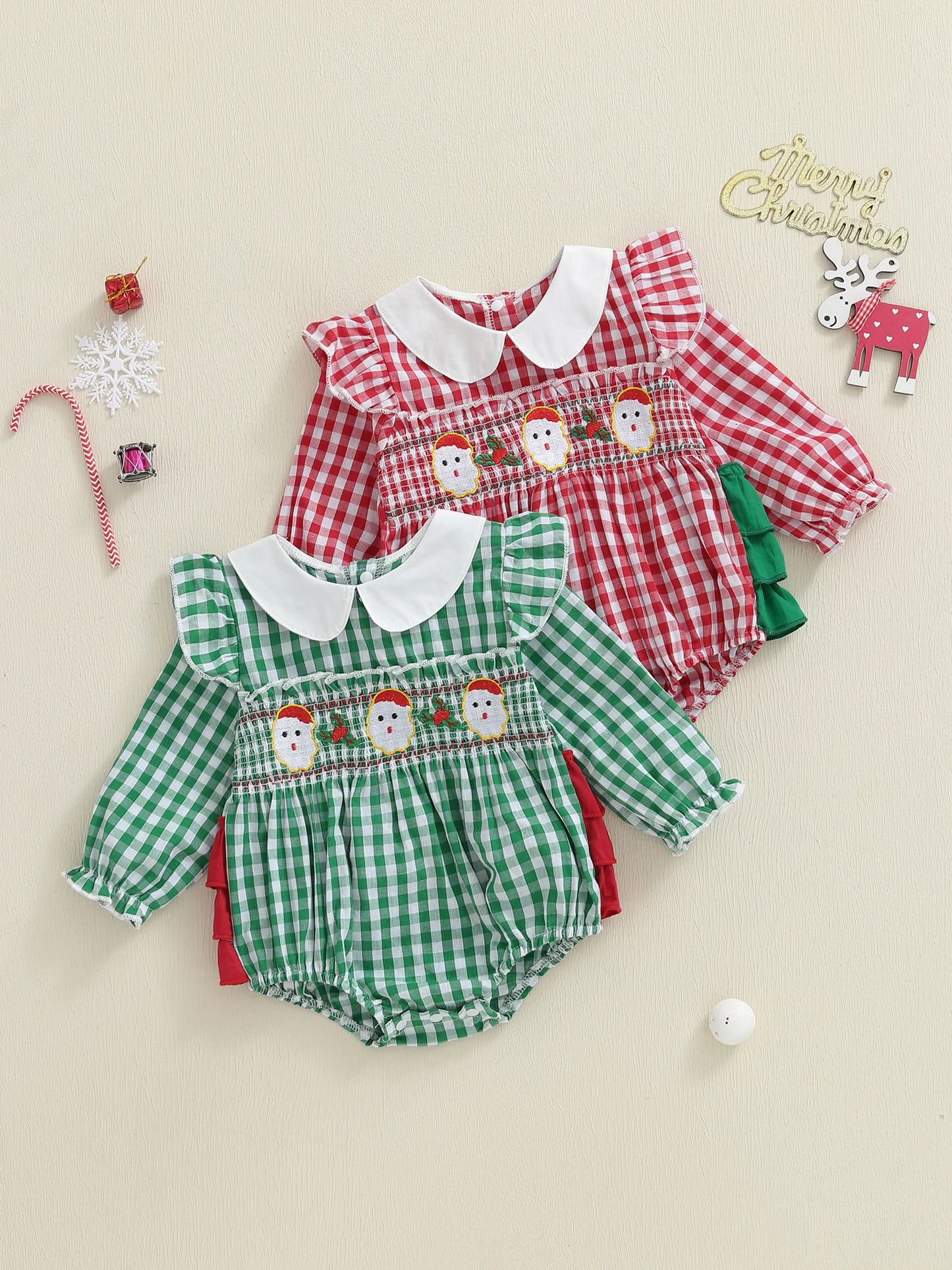 Baby Girls Christmas Romper - Plaid Santa Embroidery Long Sleeve Jumpsuit