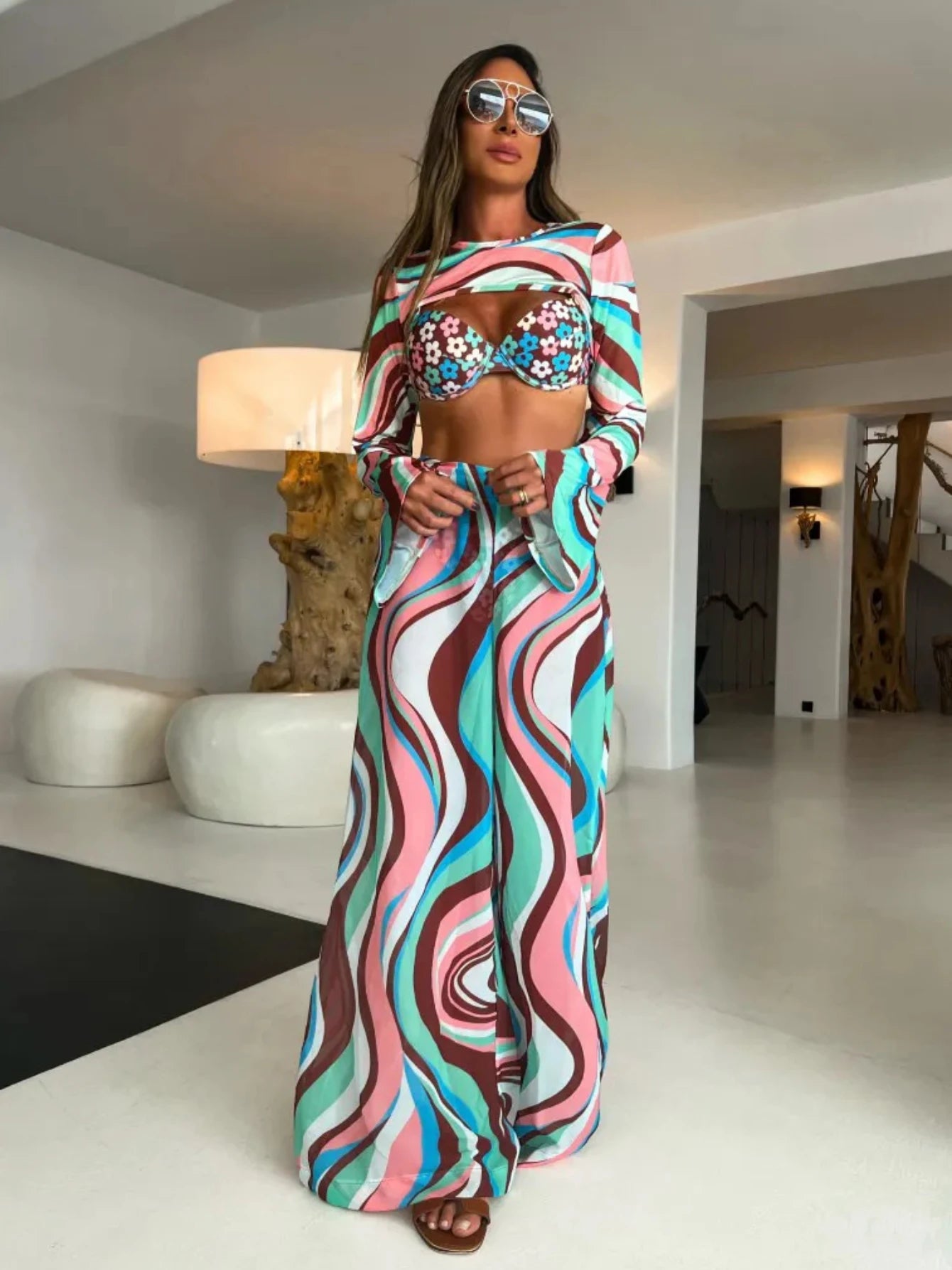 Women's Strapless Tie-Flower Crop Top & High Waist Wide Leg Trousers Set