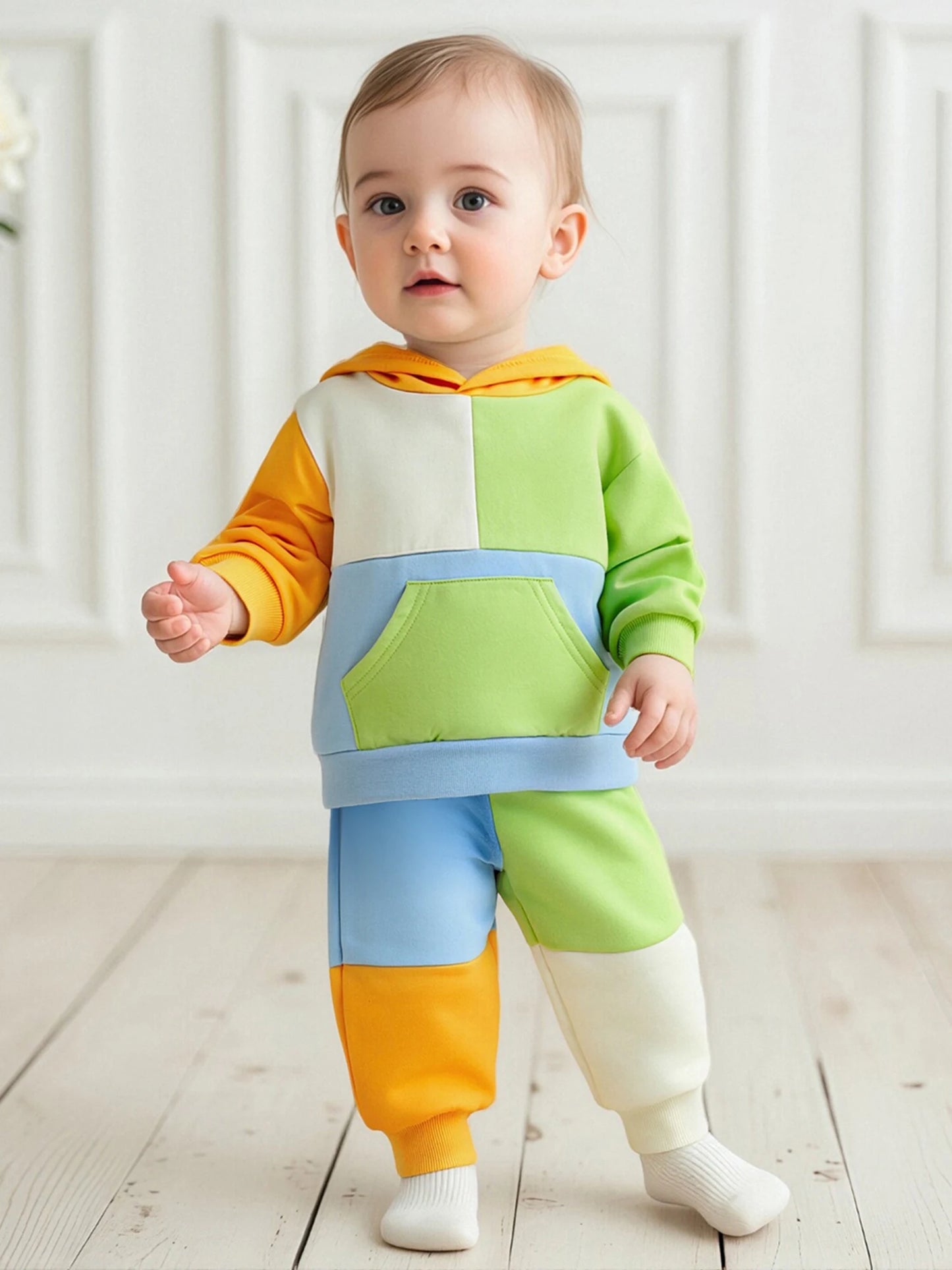 Kids Patchwork Hoodie and Pants Set - Casual Long Sleeve 2-Piece Outfit for Autumn Winter