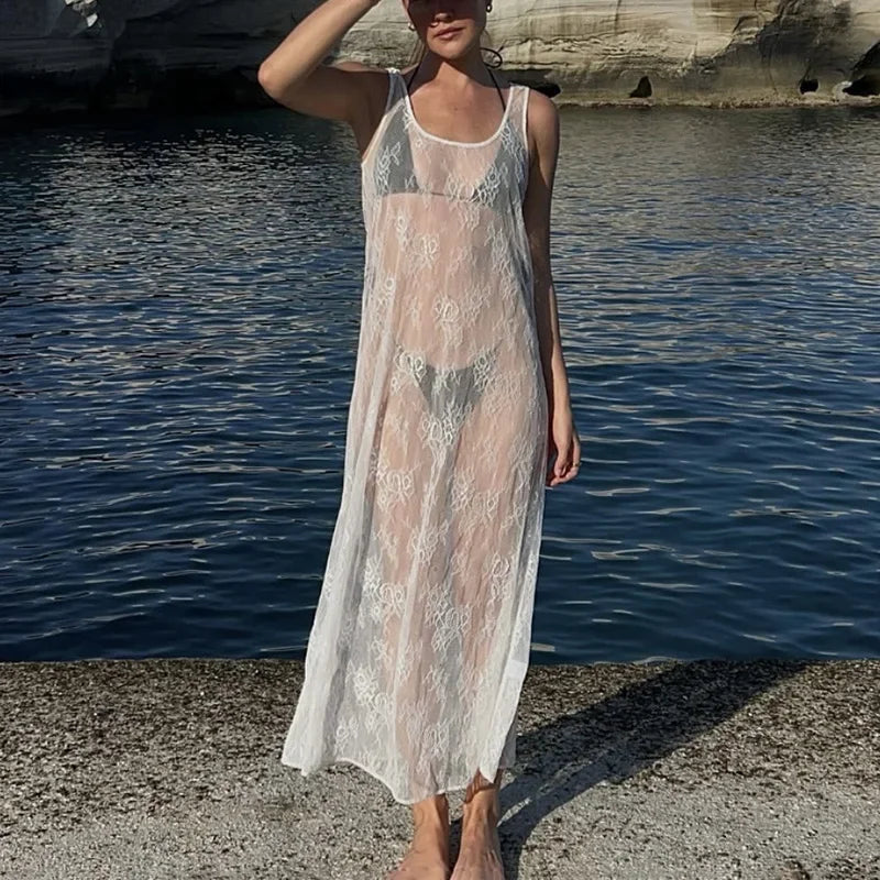 Women's Sleeveless Hollow Lace Cover Up See Through Beach Long Dress