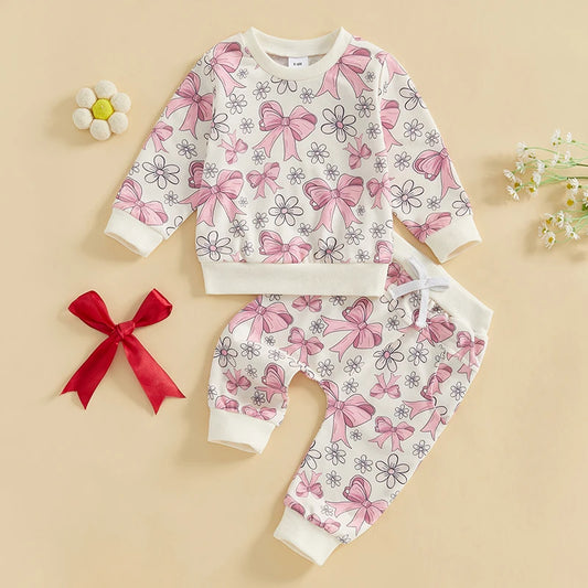 0-3Y Toddler Baby Girls Fall Clothes Sets 2pcs Bow Flower Print Long Sleeve Sweatshirt Elastic Waist Pants