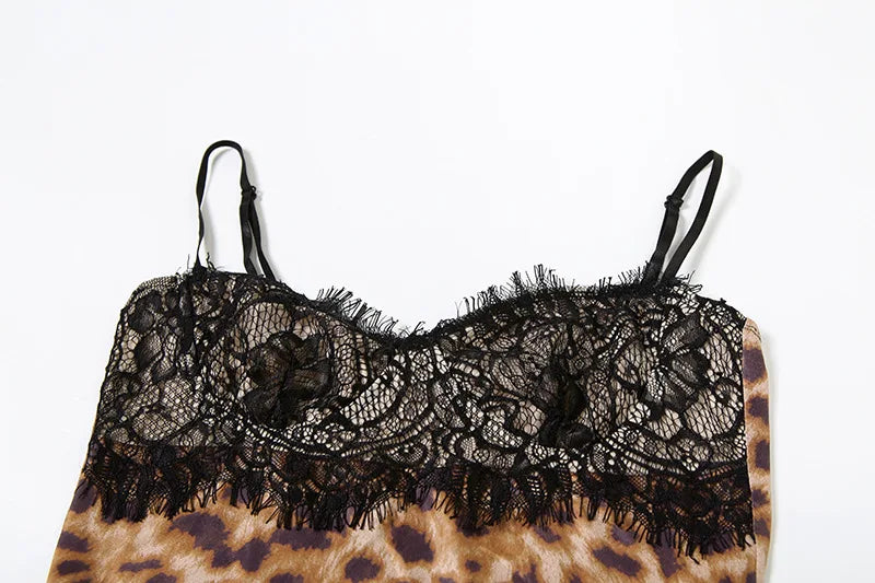 Women's Leopard Lace Sheer Mini Dress - Backless Slip Bodycon Sleepwear