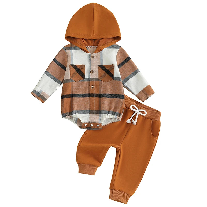 0-24M Baby Boys 2-Piece Clothing Set - Long Sleeve Plaid Hooded Romper with Pants
