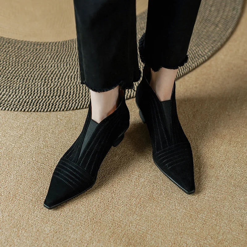 Women's  High-heel Sheep Suede Leather Shoes Pointed Toe Ankle Boots