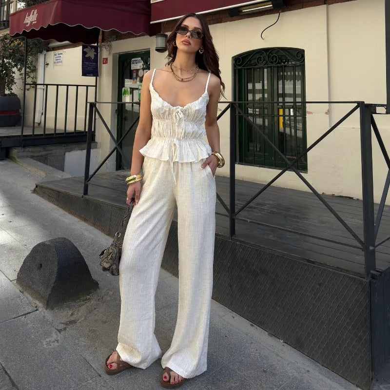 Women's Summer Tie Front Pleated Cami Top & Flare Pant Set - 2 Piece Holiday Outfit