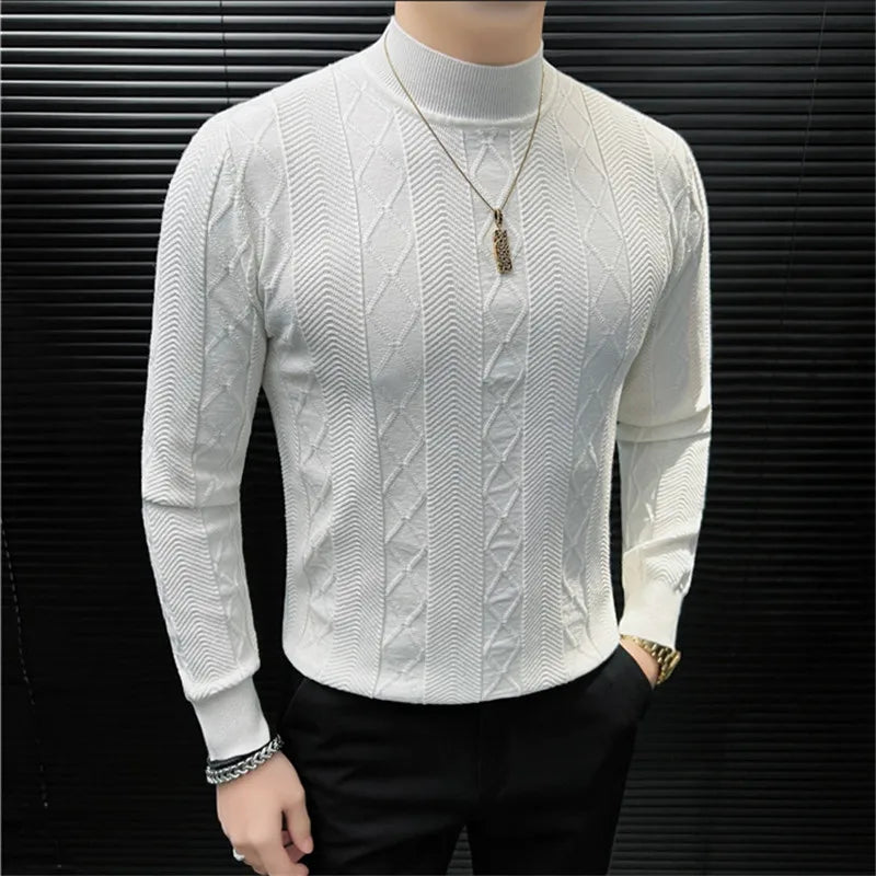 Men's Mock Neck Knitted Sweater - Slim Fit Geometric Pullover