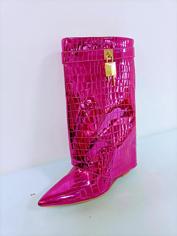 Women's Wedge Leather Mid-Calf Boots - 10cm Heel Metal Buckle Boots