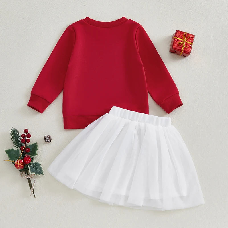 0-4Y Girls Christmas Clothes Set 2pcs Long Sleeve Letter Embroidered Sweatshirt Lace Tutu Skirt