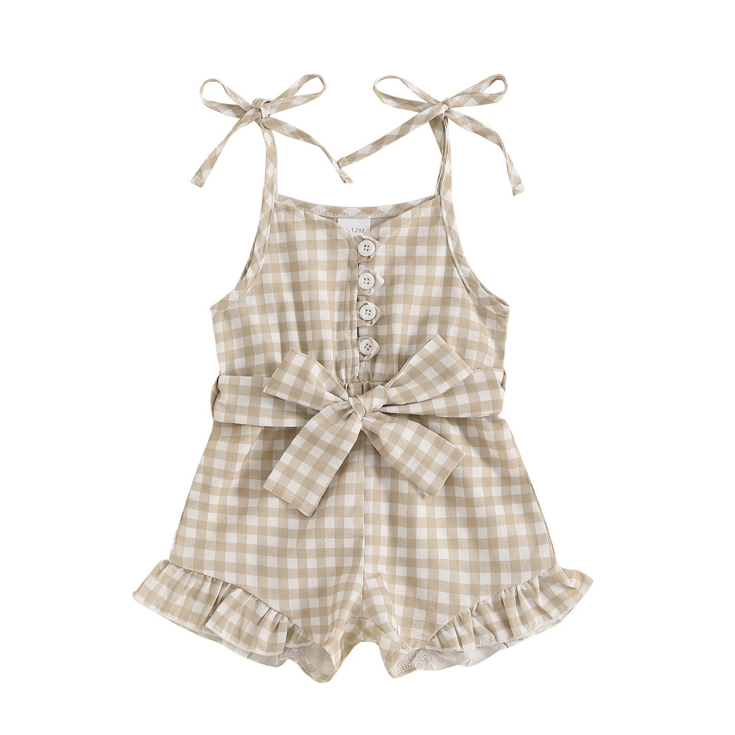 1-5Y Kids Girls Summer Jumpsuit Plaid Print Sleeveless Button Up Ruffle Trim Overalls with Belt