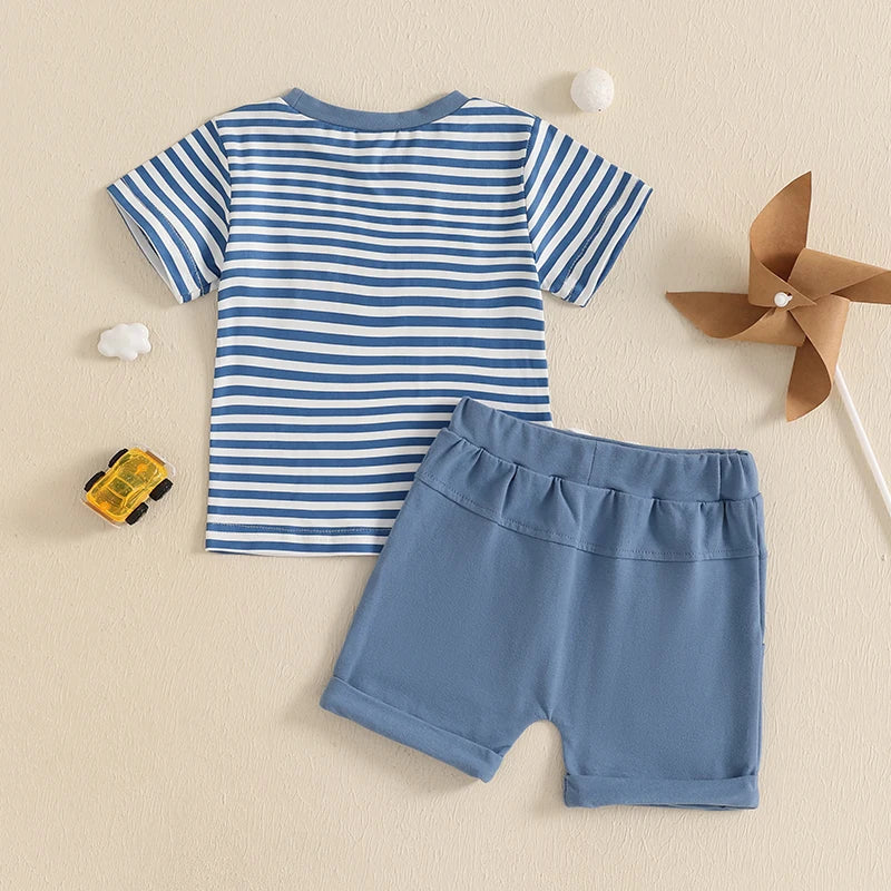 Summer Baby Boys Car Embroidery Outfit Set - Stripe Print T-Shirt & Elastic Waist Shorts (2-Piece)