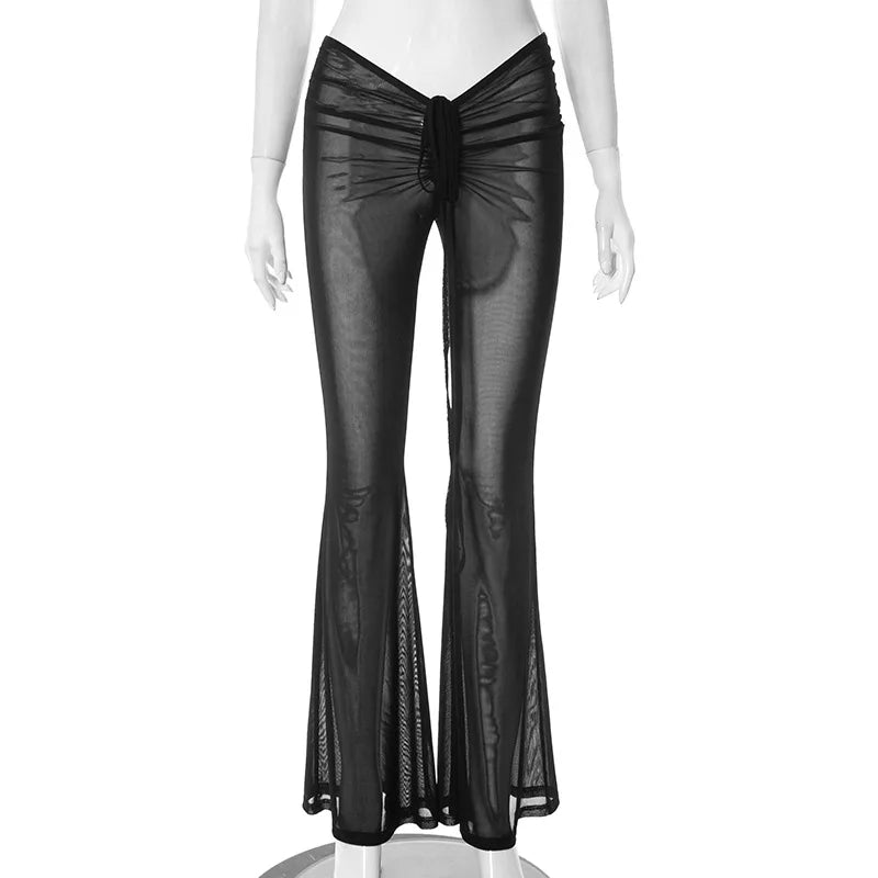 Women's See Through Mesh Flare Pants Rave Festival Drawstring Low Rise Pants