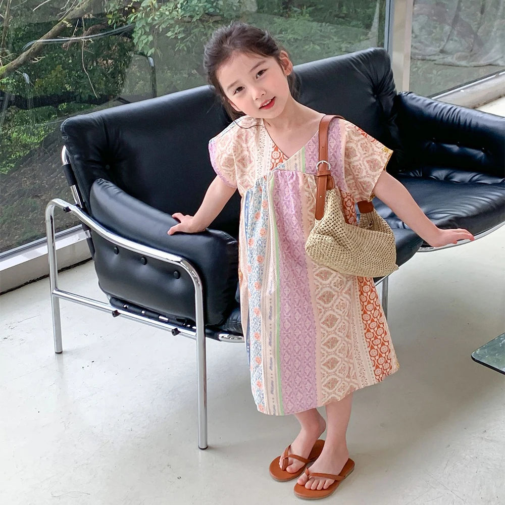 Girl's Summer V-neck Geometric Pattern Printed  Beach Casual Dress
