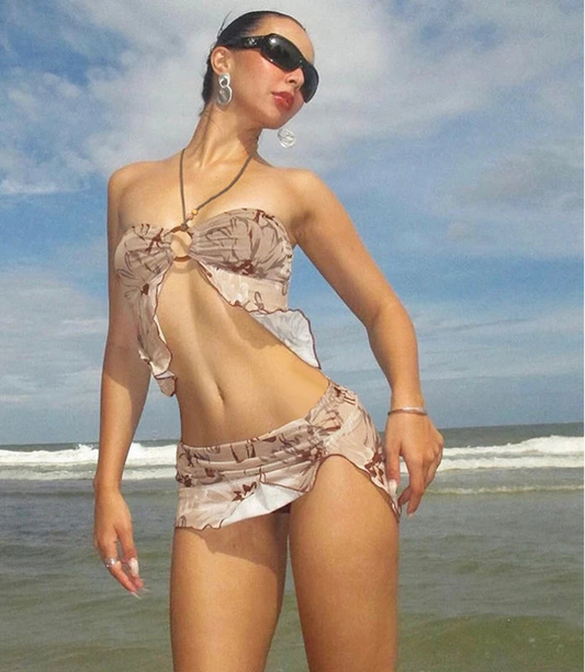 Women's Summer Beachwear Two Piece Sets  Outfit Halter Mesh Top and Skirt Split Co-ords Set