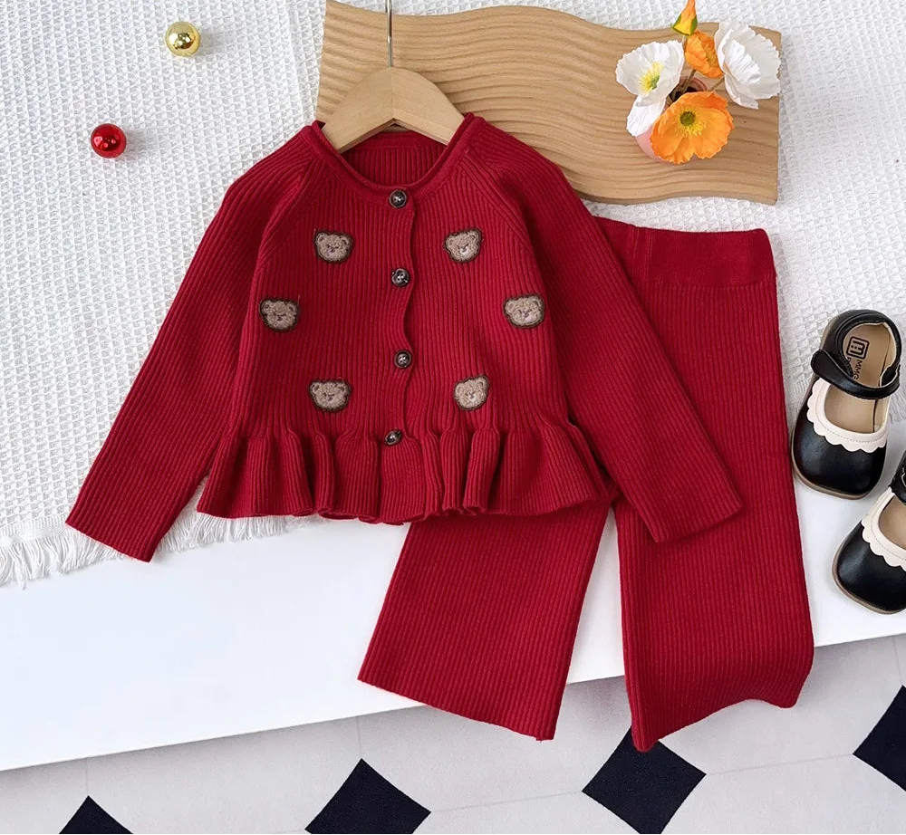 Christmas Red Teddy Bear Knitted Sweater and Pants Set - Girls Winter Outfit