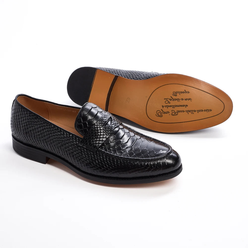 Men's Genuine Leather Snake Pattern Loafers – Pointed Slip-On Dress Shoes