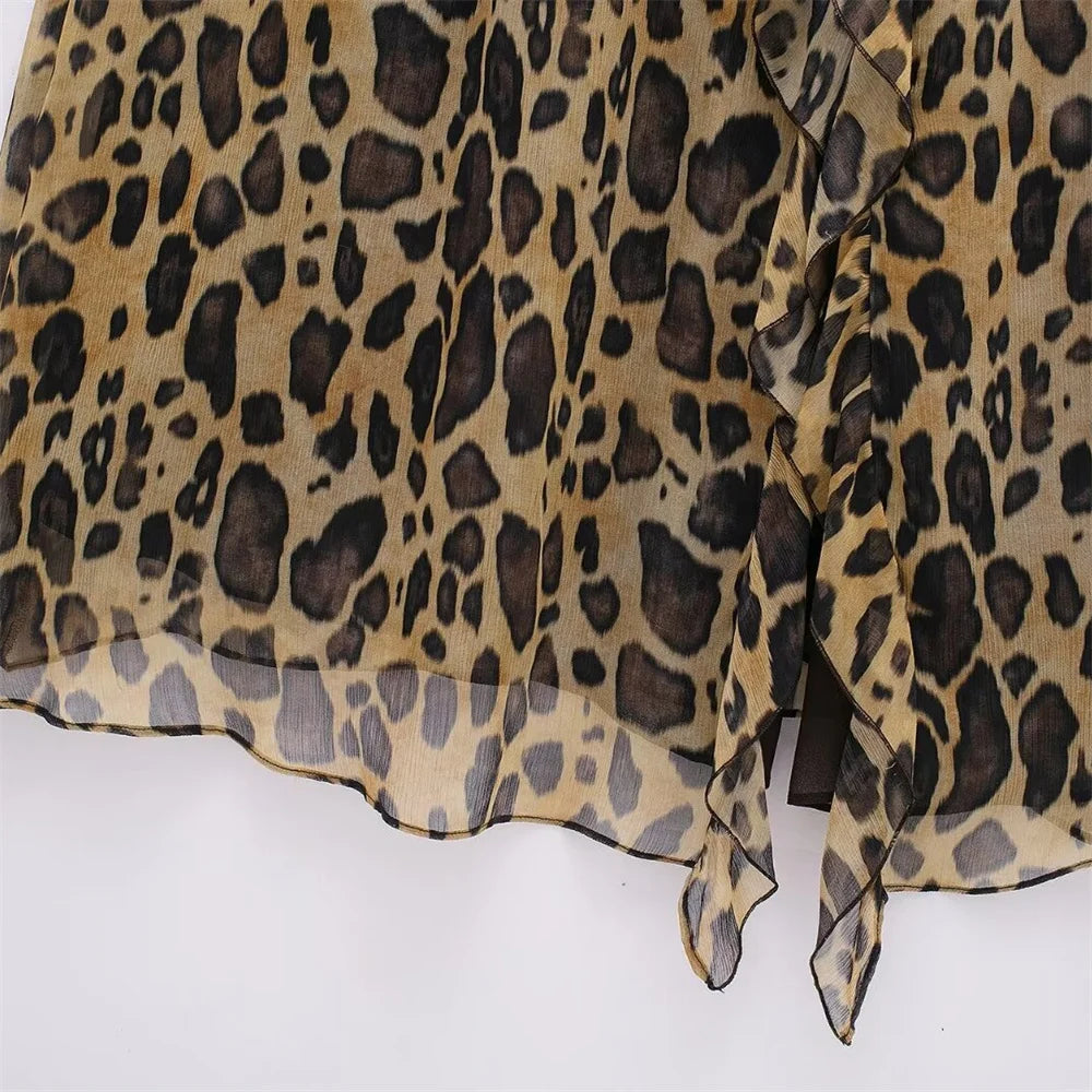 Women's Spring and Summer  Temperament Ruffle Edge Leopard Print Dress