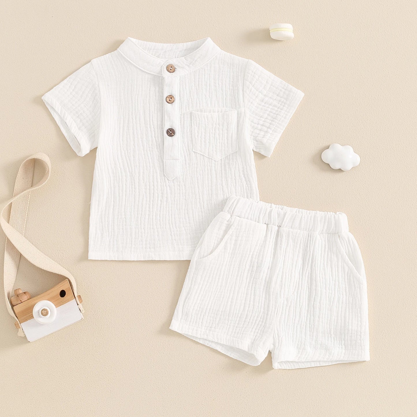 Little Boys Summer Gentleman Outfit Set - Solid Short Sleeve Top & Elastic Waist Shorts (0-4Y)