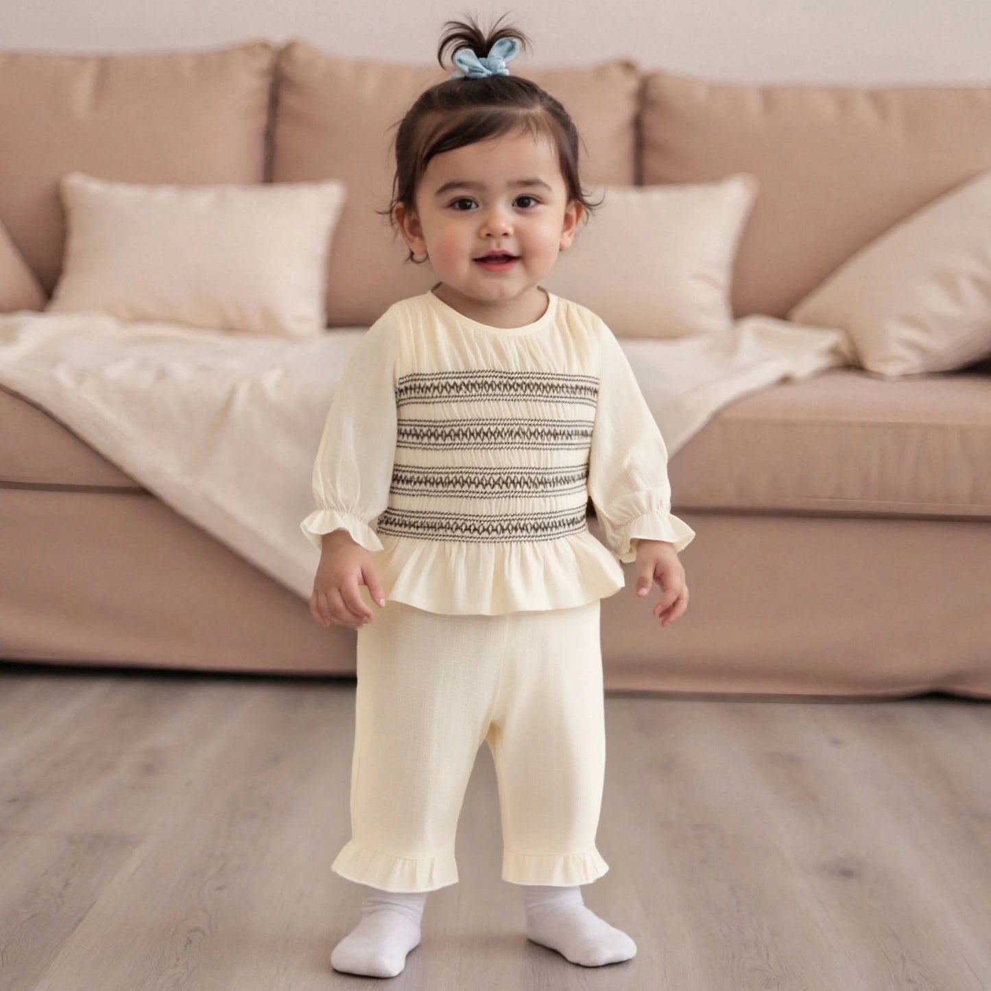 Toddler Baby Girl Fall Outfit - Smocked Long Sleeve Top & Elastic Waist Ruffle Pants Set