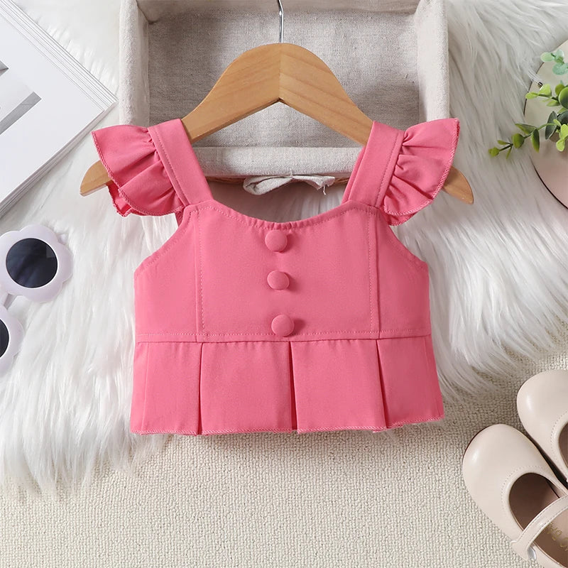 1-6Y Girls Summer Fashion Clothes Sets -  Ruffles Fly Sleeve Solid Tops Elastic Waist Pleated Mini Skirt with Belt