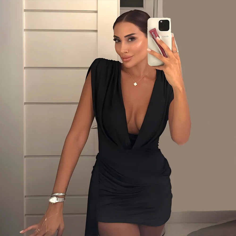 Women's Elegant Ruched Draped V Neck Mini Dress - Sleeveless Bodycon