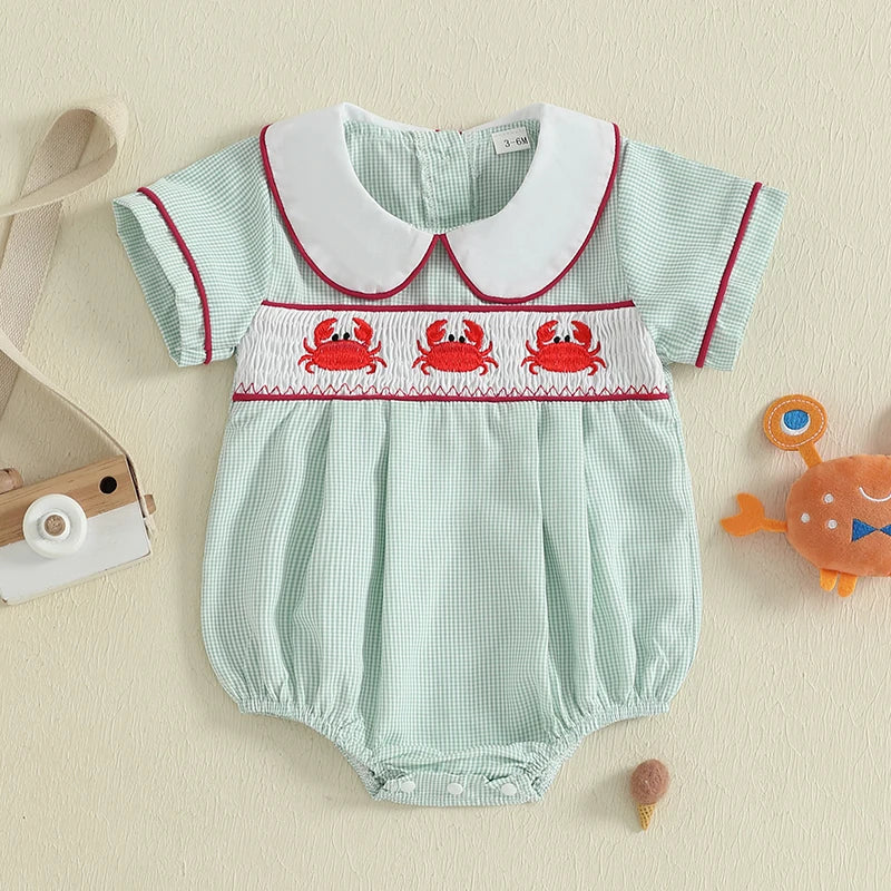 Baby Boys Girls Summer Romper - Crab Embroidery Doll Collar Jumpsuit (0-18M)