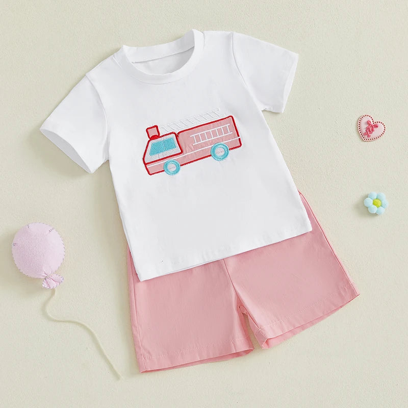 0-4Y Kids Girls Boys Clothes Sets Flag/Car Embroidery Short Sleeves T-Shirt and Elastic Shorts