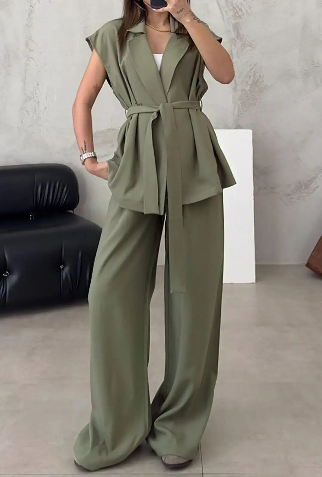 Women's Notched Lapel Sleeveless Belted Top And Drawstring Wide Leg Pants  Two Piece Set