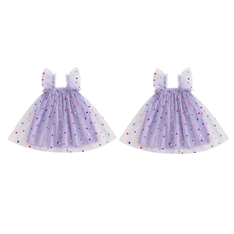 0-4YBaby Girls Summer Dress Glitter Star/Flower Print Fly Sleeve Square Neck Mesh Tulle Summer Dressress