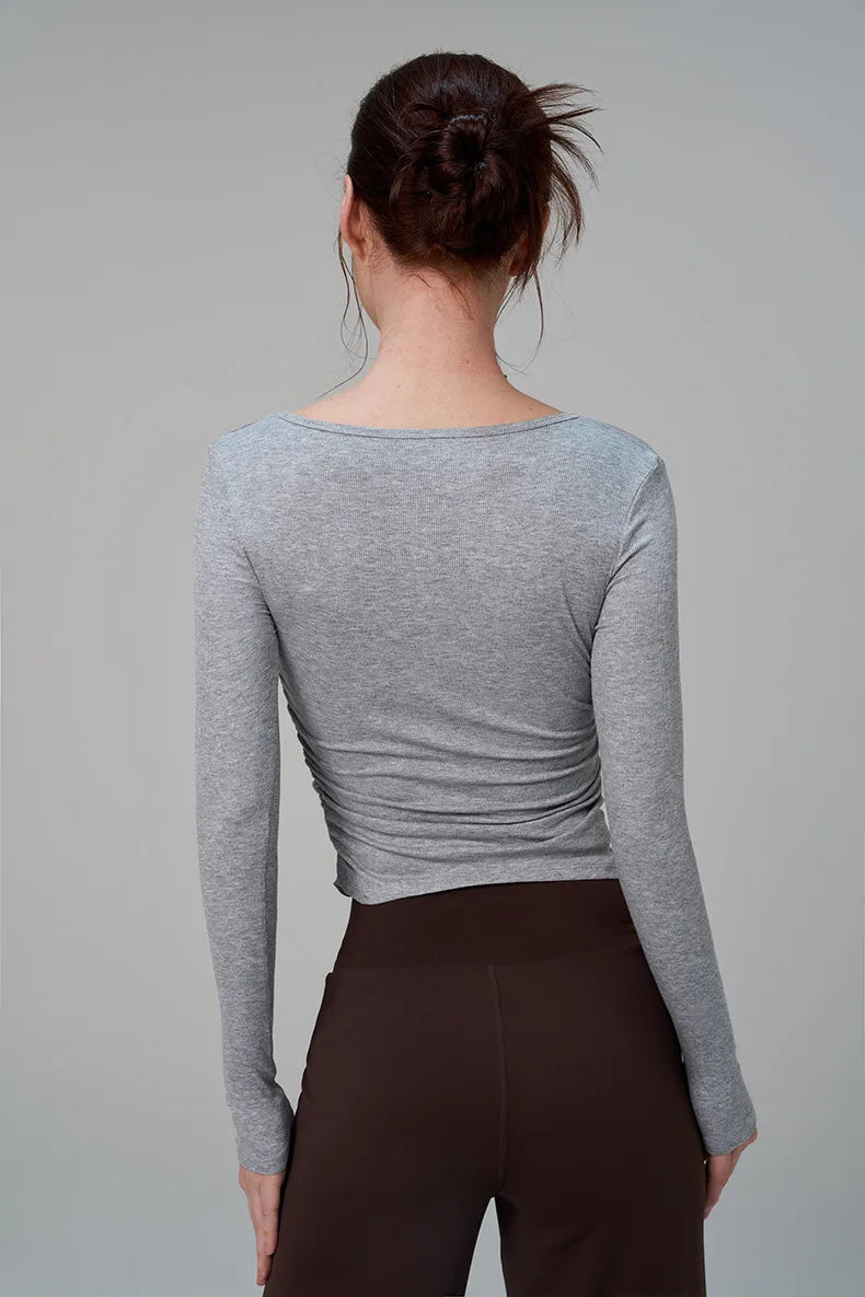 Ribbed Gym Top - Long Sleeve Drape Sides Yoga Shirt with Dry Fit