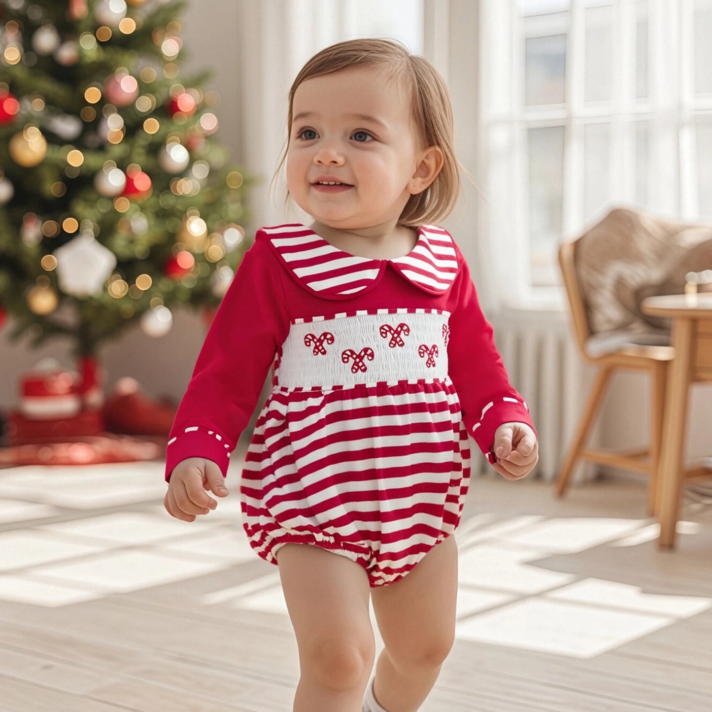 Baby Christmas Romper - Candy Cane Embroidery Long Sleeve Smocked Striped Jumpsuit