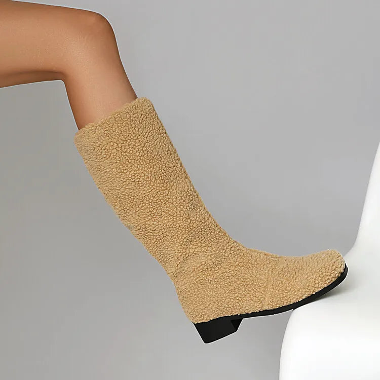 Women's Artificial Wool Winter Knee High Boots with Short Plush Lining