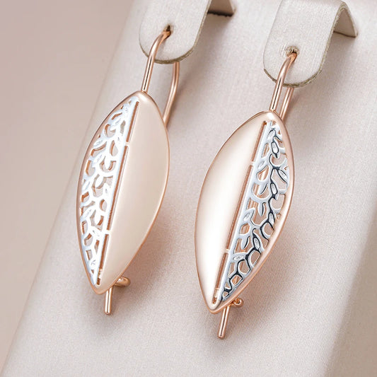 Women's 585 Rose Gold Silver Color Glossy Metal Flower Long Drop Earrings