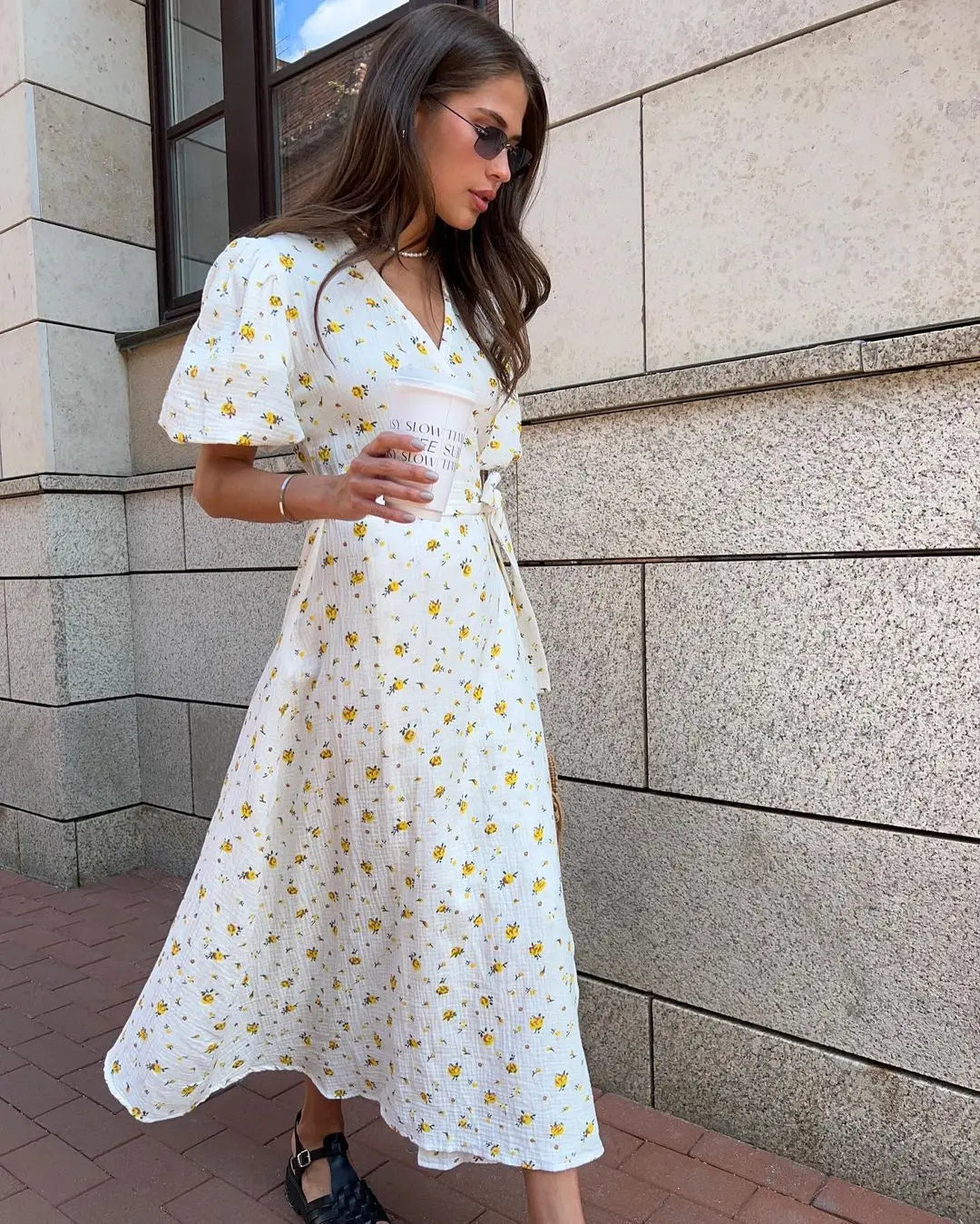 Women's Lace Up Dress Summer Short Sleeve Fashion Office Lady Long Dress 100% Cotton Daily Casual V-neck Skirt