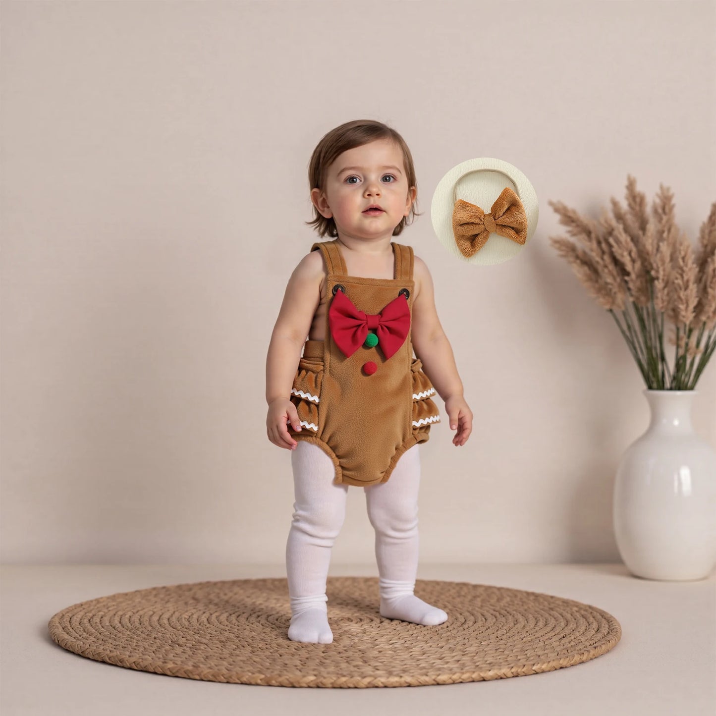 Baby Girls' Christmas Romper Outfit - Gingerbread Man Sleeveless Jumpsuit with Hairband