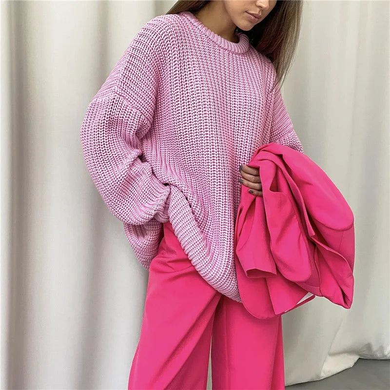 Women's Knitted Jersey Sweater - Long Sleeve Pullover Sweater