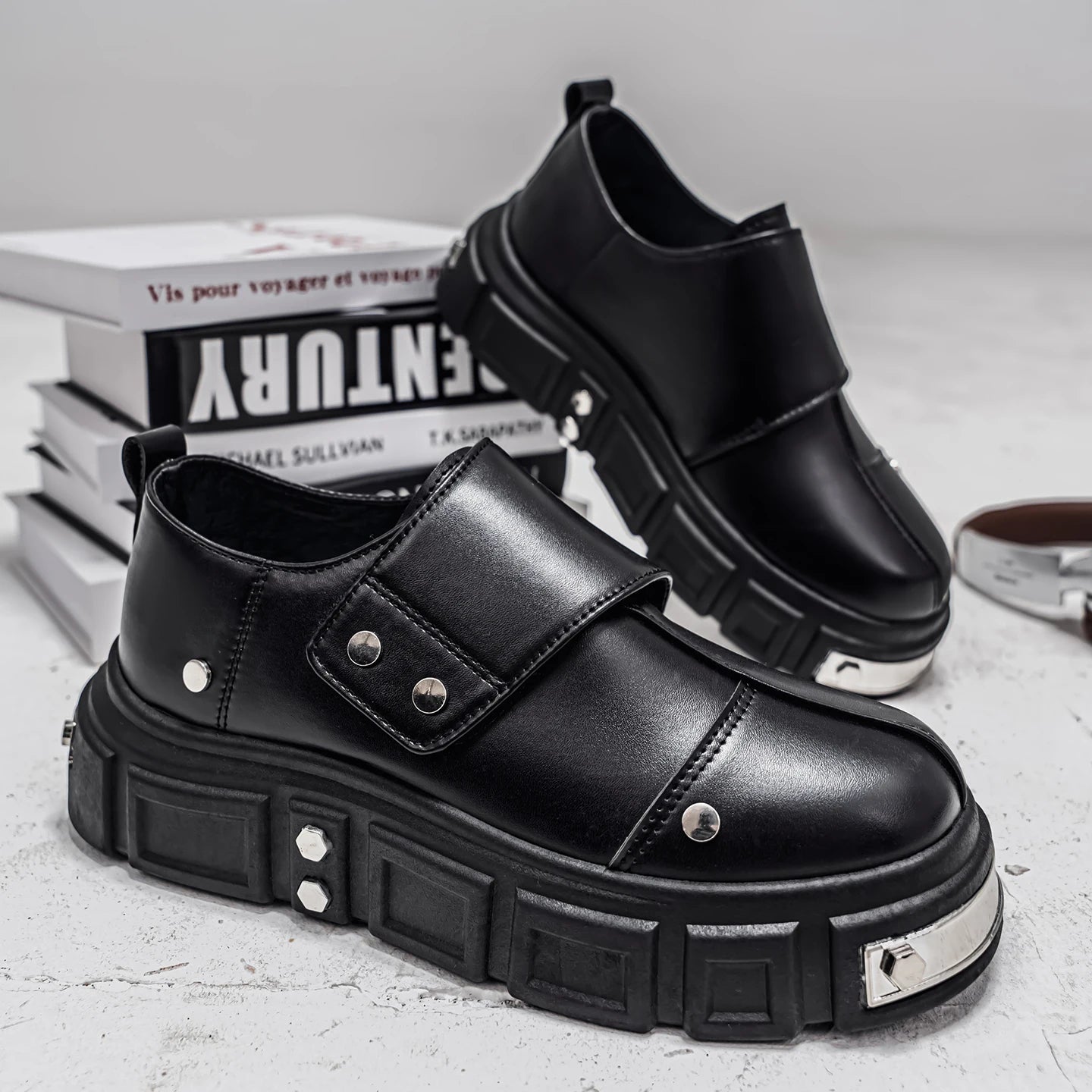 Men's Leather Platform Derby Shoes - Metal Detail Casual Dress Sneakers