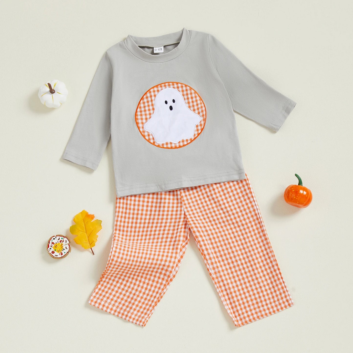 Toddler Boys Halloween Clothes Set - Ghost Embroidery Sweatshirt & Plaid Pants (0-4Y)