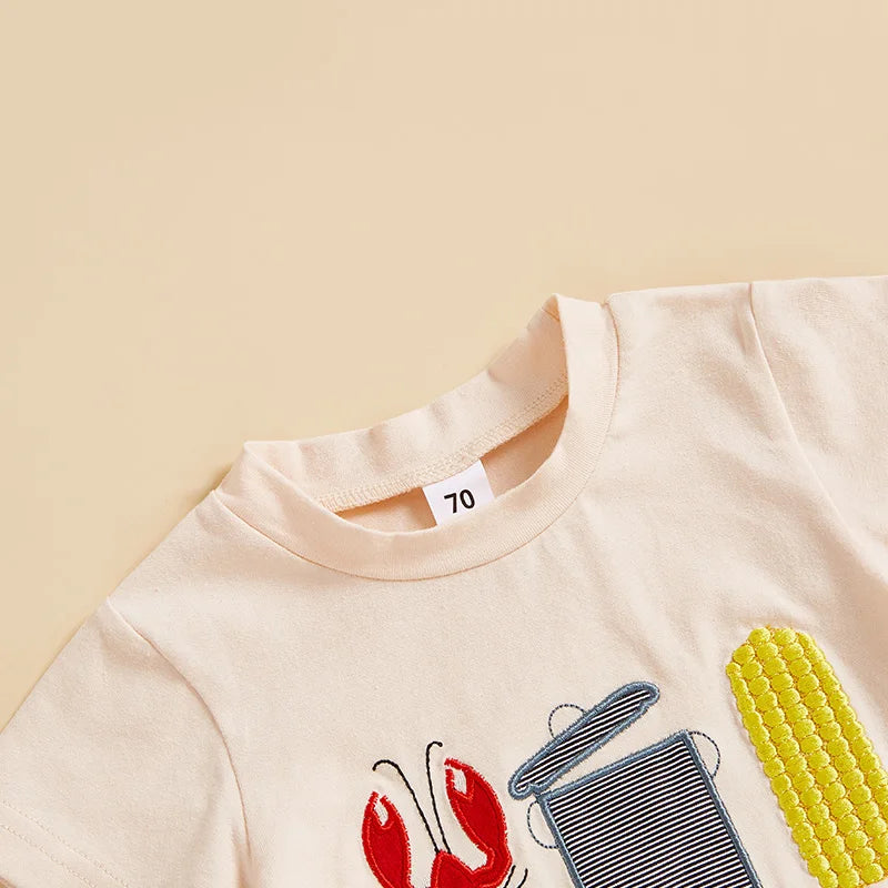 Boys Summer Outfit Set - Cartoon Letter T-shirt & Lobster Print Shorts