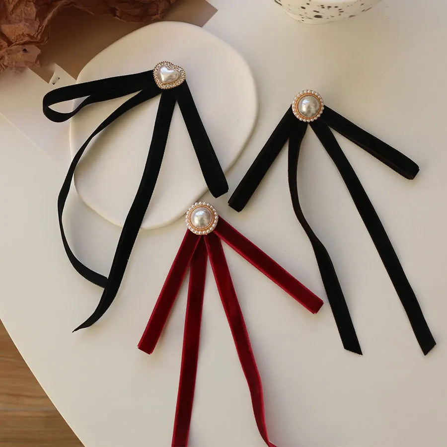 Anime Style Velvet Bow Pearl Brooch - Sweet Academic Pin for Girls