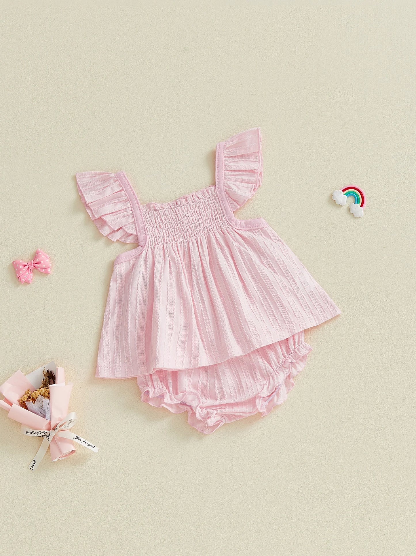 Baby Girls Summer Outfit Set - Flying Sleeve Top & Ruffle Shorts (0-24M)