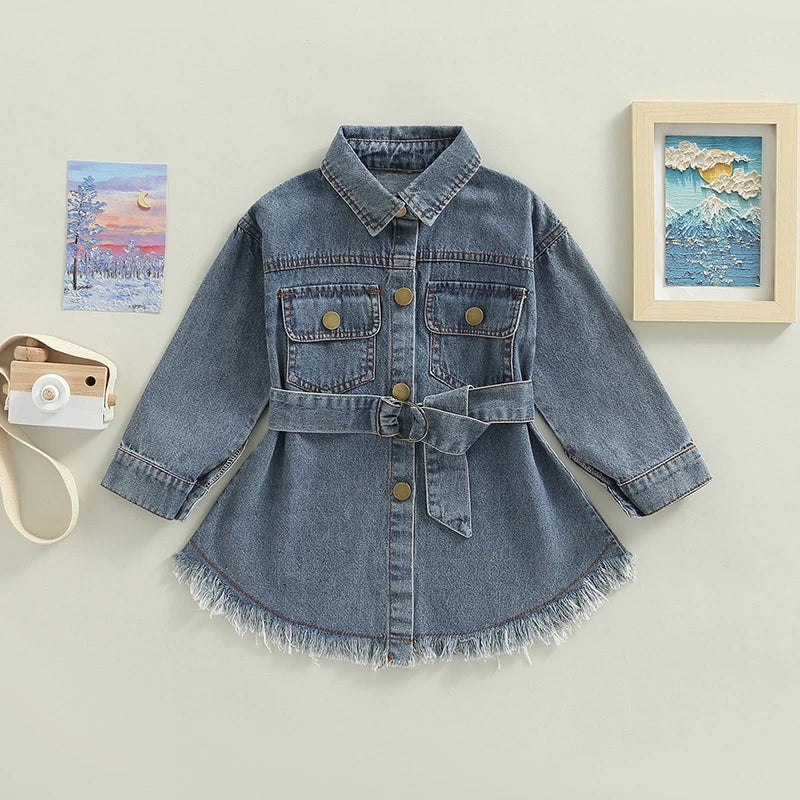 1-6Y Girls Denim Dress and Waistband Blue Denim Long Sleeve Single-breasted A-Line Dress