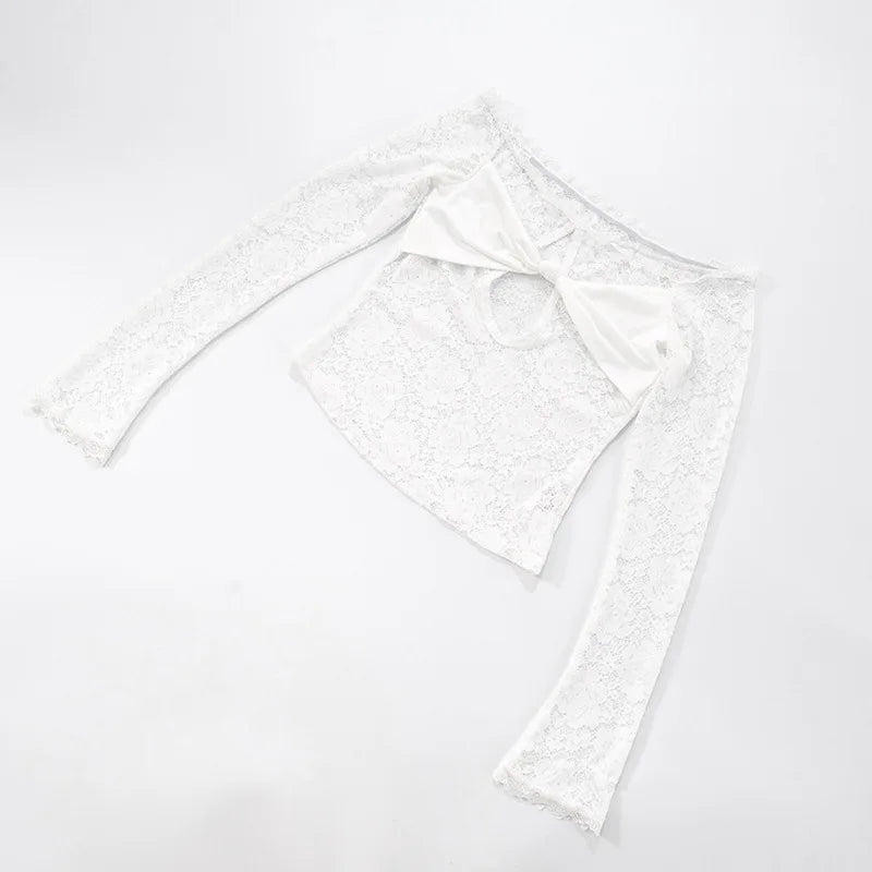 Women's Cut Out Lace Long Sleeve Top - Off Shoulder White Twist Front