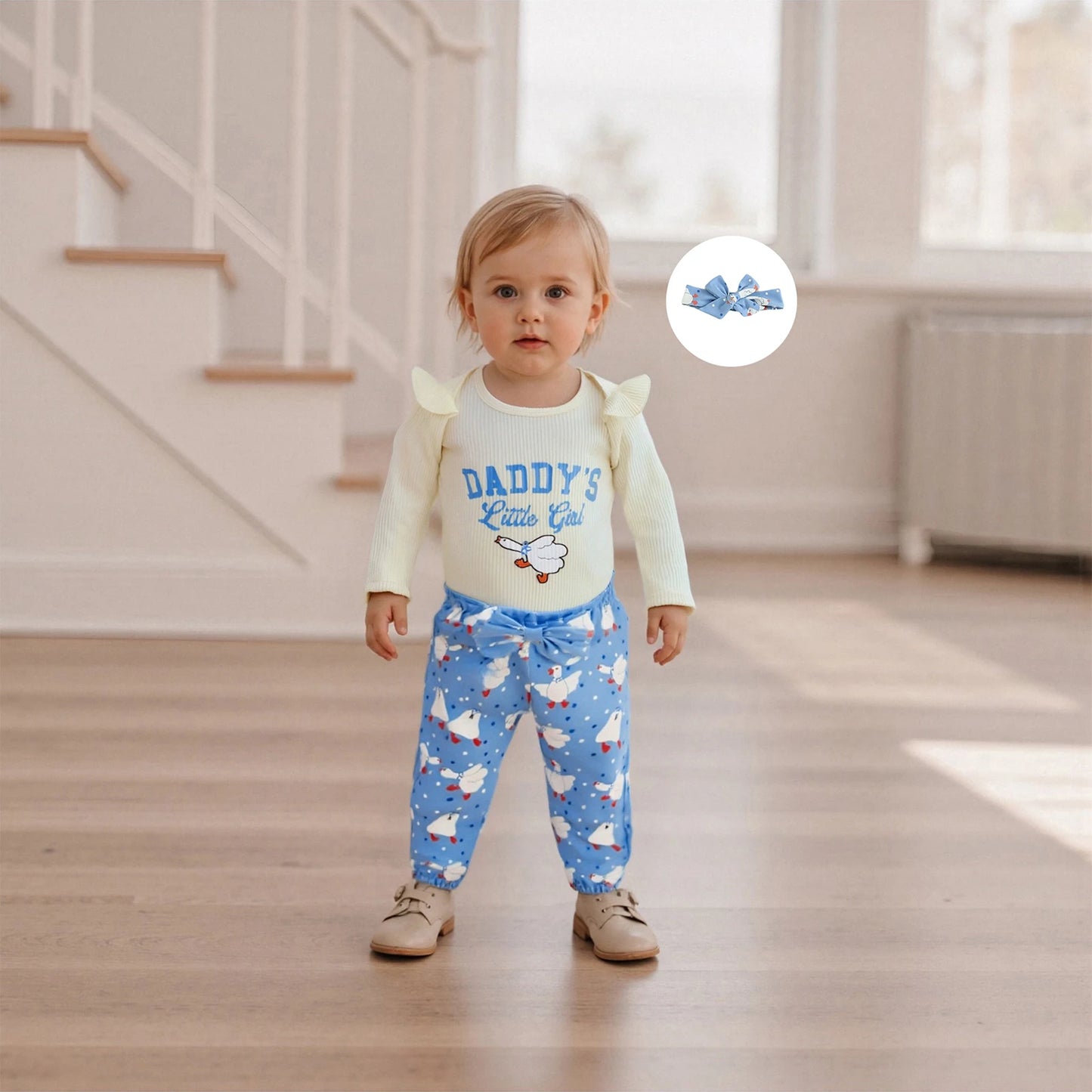 Baby Girls Duck Print Outfit Set - 3-Piece Long Sleeve Romper, Dot Pants & Headband (0-18M)